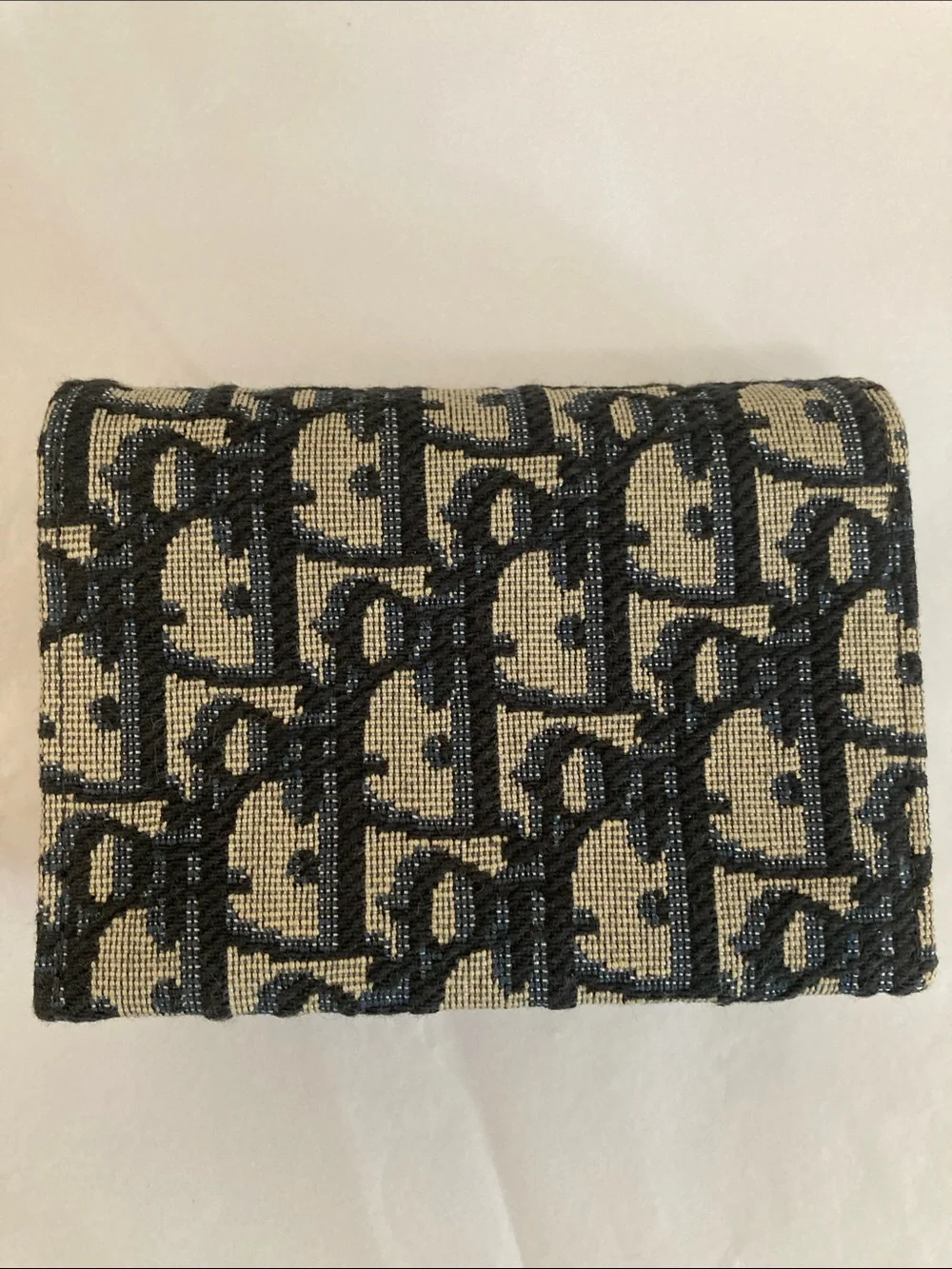 Dior Black & Beige Monogram Saddle Card Holder with Gold D Charm